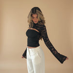 Yemelia black lace long sleeve top with high neck and chest cutout, fitted bodice.