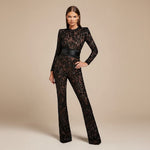 Yemelia black long sleeve lace sequin jumpsuit with structured waist and wide legs.