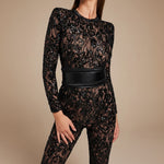 Yemelia black long sleeve lace sequin jumpsuit with structured waist and wide leg.