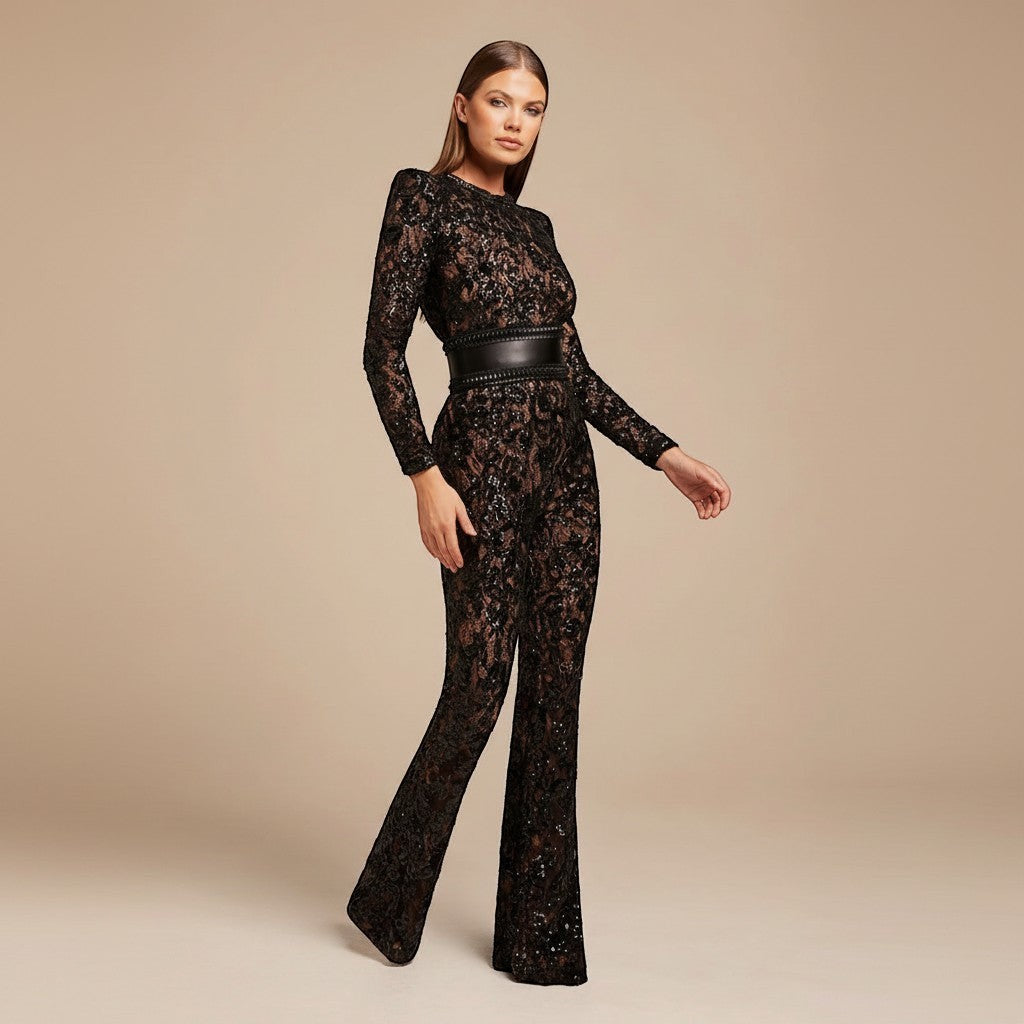 Yemelia black long sleeve lace sequin jumpsuit with structured waist and wide leg.