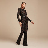 Yemelia black long sleeve lace sequin jumpsuit with structured waist and wide leg.