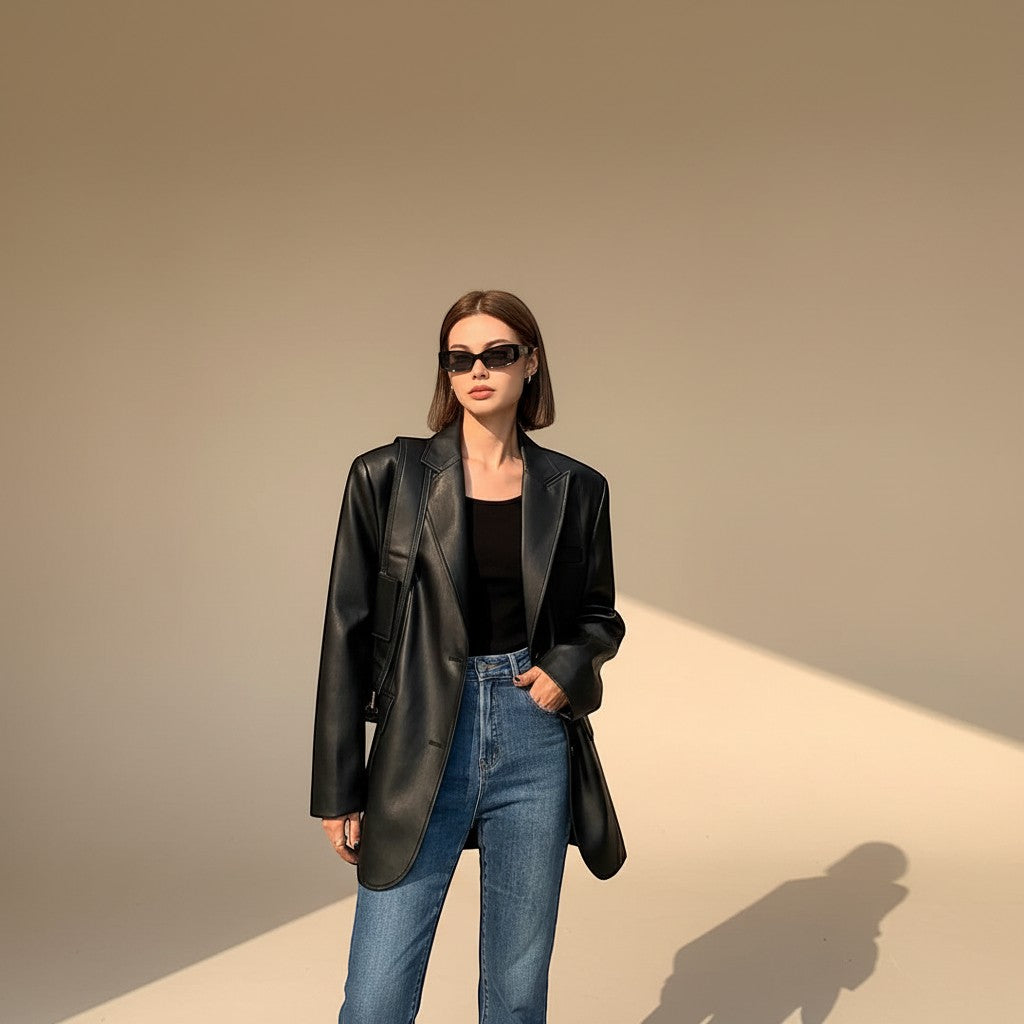 Yemelia black oversized faux leather blazer with tailored structure, classic lapels, and functional pockets.