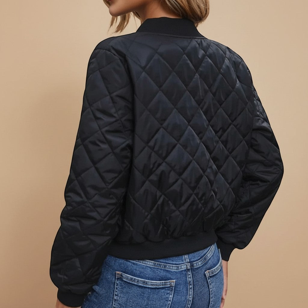 Quilted Zip Front Jacket with Ribbed Trim | Azuelle – Selara-studio