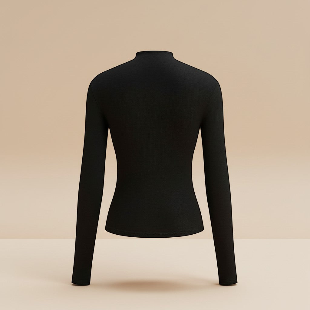 Yemelia black long sleeve fitted top with asymmetrical neckline and ruched detailing, made from stretch fabric.