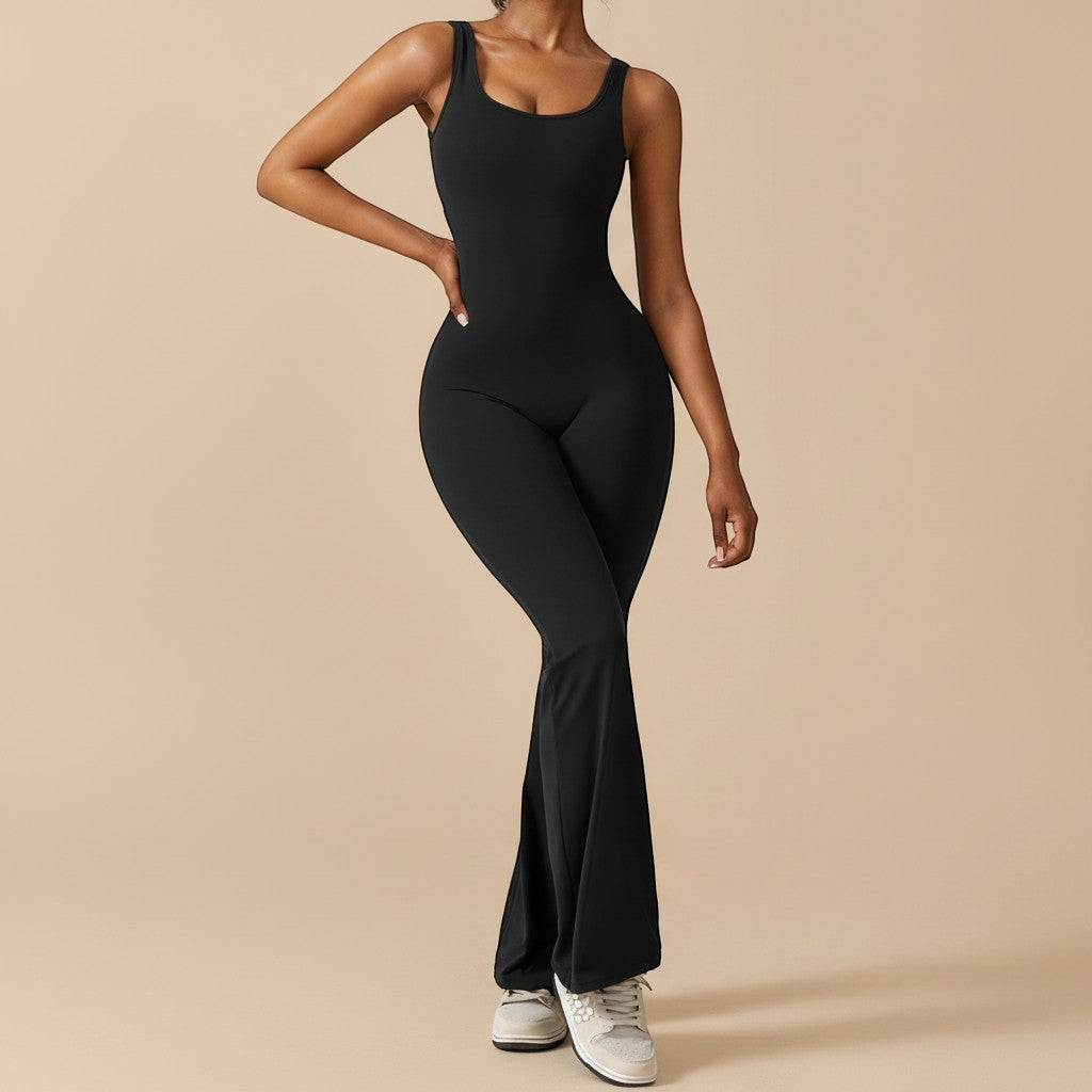Yemelia black sleeveless sculpting flared leg jumpsuit, made from smooth stretch fabric for a flattering fit.