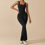 Yemelia black sleeveless sculpting flared leg jumpsuit, made from smooth stretch fabric for a flattering fit.