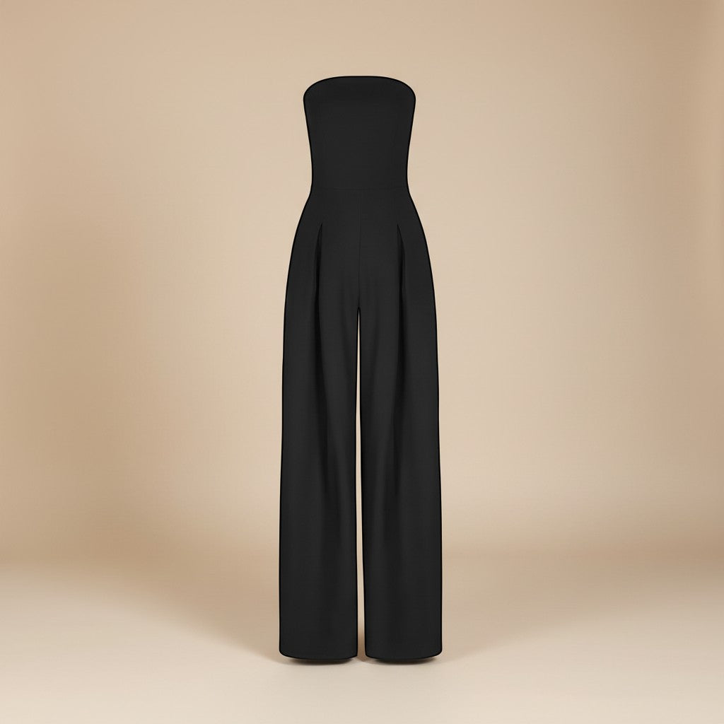 Yemelia black strapless wide leg jumpsuit with tailored fit and side pockets. Elegant formal wear.