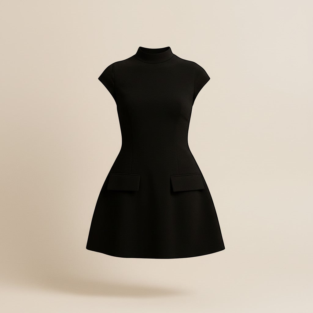 Yemelia black structured mini dress with high neck, cap sleeves, and decorative flap pockets.