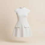Yemelia black structured mini dress with high neck, cap sleeves, flared skirt, and decorative flap pockets.