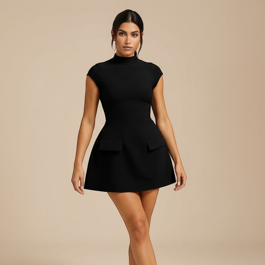 Yemelia black structured mini dress with high neck, cap sleeves, and decorative flap pockets.