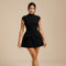 Yemelia black structured mini dress with high neck, cap sleeves, and decorative flap pockets.