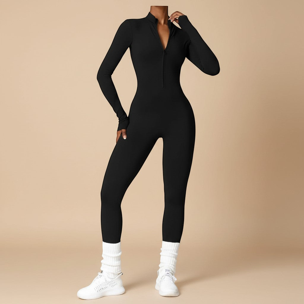 Yemelia black long sleeve zip front sculpting one piece jumpsuit with a high neckline and full-length fit.