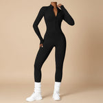 Yemelia black long sleeve zip front sculpting one piece jumpsuit with a high neckline and full-length fit.