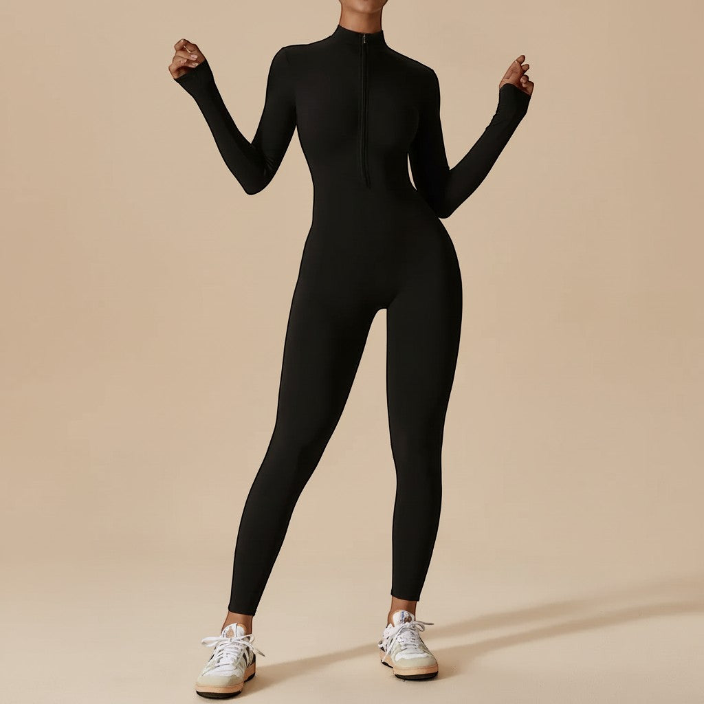 Yemelia black long sleeve zip front sculpting one piece jumpsuit with a high neckline and full-length fit.