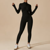 Yemelia black long sleeve zip front sculpting one piece jumpsuit with a high neckline and full-length fit.