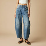 Yemelia blue denim wide leg jeans with relaxed fit and mid-rise waist. Features five-pocket styling and knee panel details.