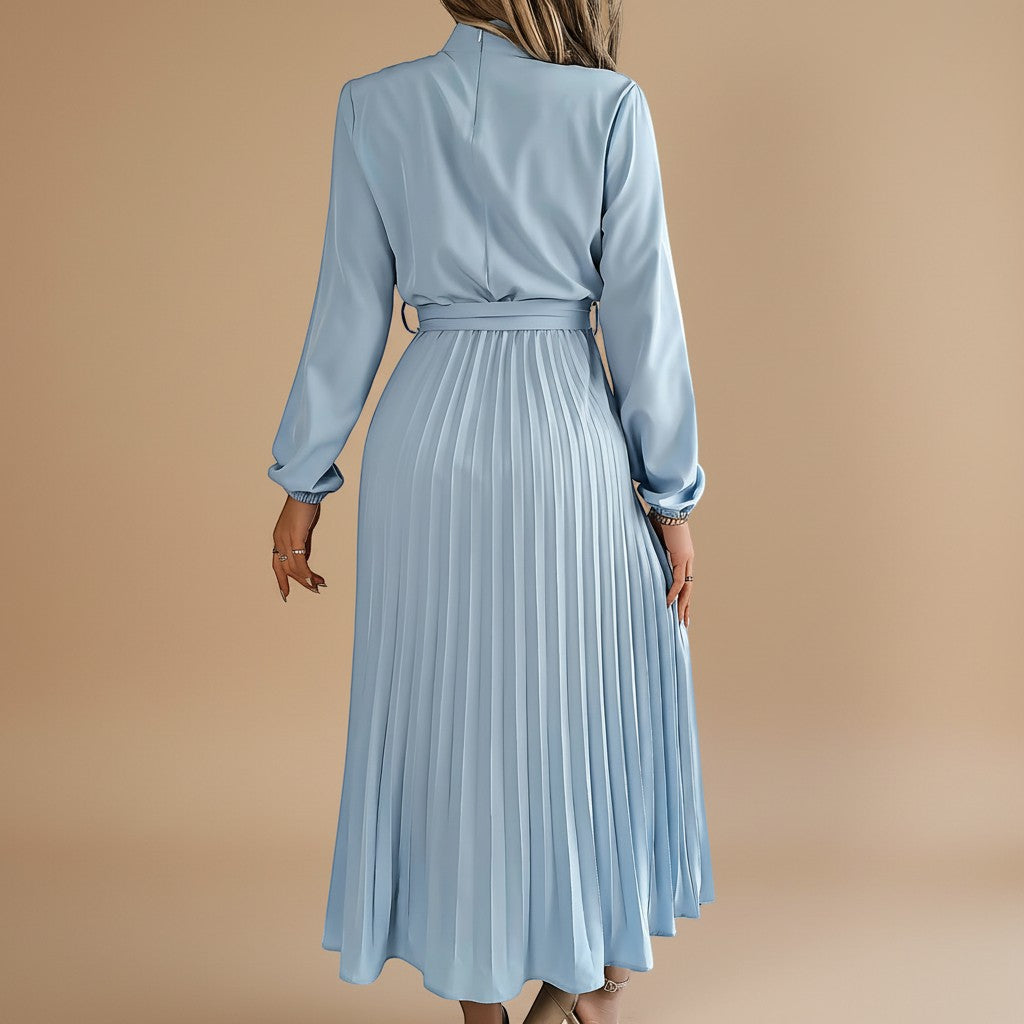 Yemelia light blue long sleeve pleated midi dress with high neck and waist tie