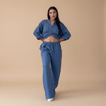 Yemelia blue relaxed fit button-down shirt and wide-leg pants set with drawstring waist. Lightweight fabric.
