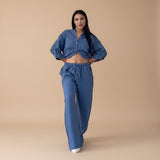 Yemelia blue relaxed fit button-down shirt and wide-leg pants set with drawstring waist. Lightweight fabric.
