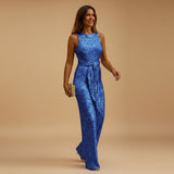 Yemelia blue sequin sleeveless wide leg jumpsuit with waist tie, perfect for evening events.