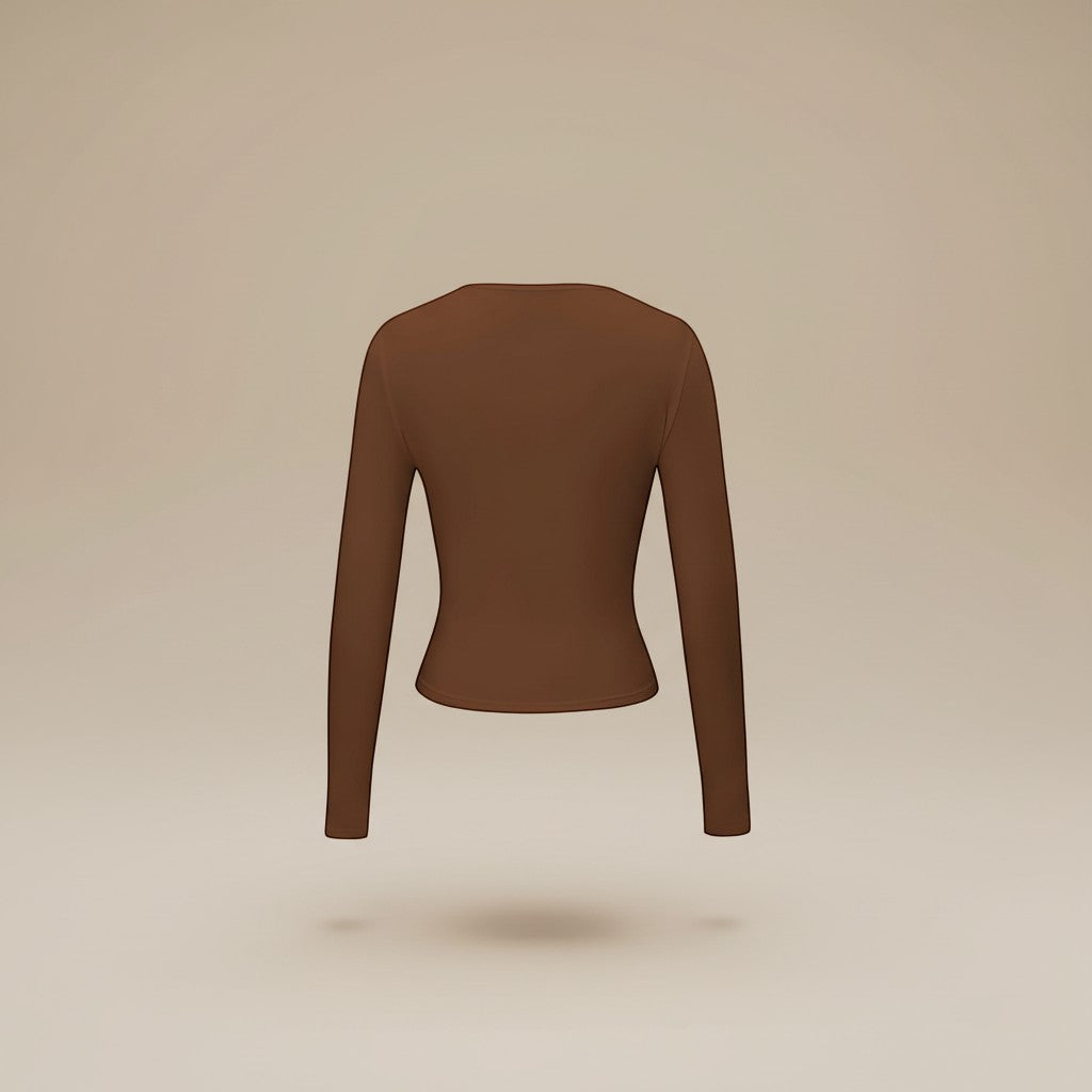 Yemelia brown long sleeve fitted crop top with thumbhole cuffs and a clean neckline, made from soft stretch fabric.
