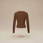 Yemelia brown long sleeve fitted crop top with thumbhole cuffs and a clean neckline, made from soft stretch fabric.