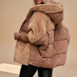 Yemelia oversized hooded puffer jacket in brown with faux fur accents and ribbed cuffs. Textured finish.