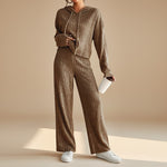 Yemelia brown ribbed knit hoodie set with relaxed pants, perfect for lounging or casual wear.