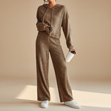 Yemelia brown ribbed knit hoodie set with relaxed pants, perfect for lounging or casual wear.