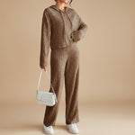 Yemelia brown ribbed knit hoodie set with relaxed pants, featuring a hooded top and straight-leg pants for cozy comfort and casual style.