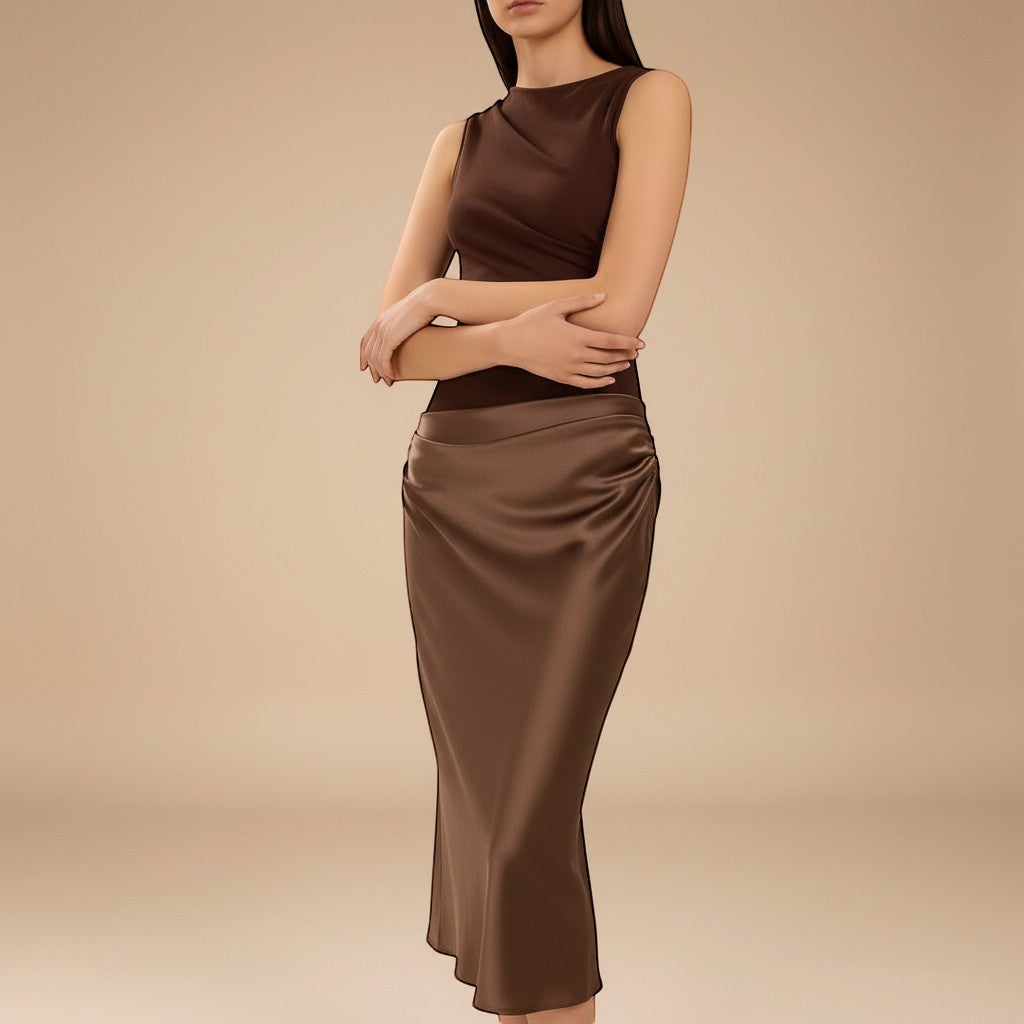 Yemelia one shoulder brown satin evening gown with sculpted fit and subtle ruching detail.