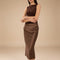 Yemelia one shoulder brown satin evening gown with sculpted fit and subtle ruching detail.