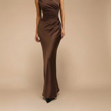 Yemelia brown satin one shoulder evening gown with sculpted fit and floor-length silhouette.