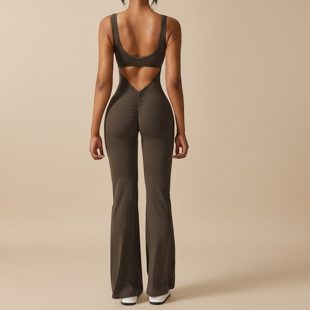Yemelia sleeveless brown sculpting flared leg jumpsuit with ruched detail and open back.