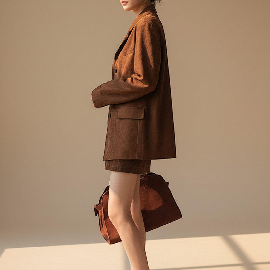 Yemelia brown suede relaxed fit button front blazer with notched lapel and flap pockets.
