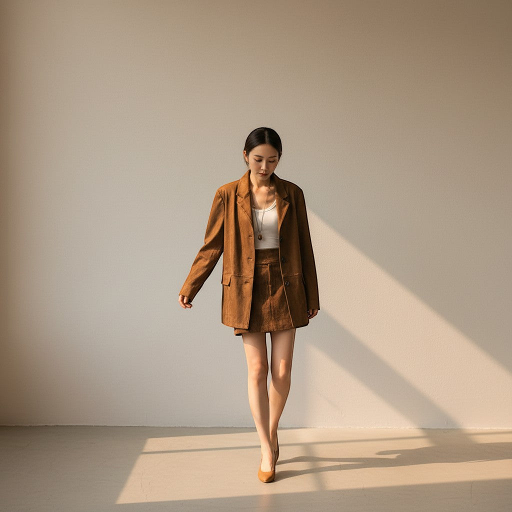 Yemelia brown suede relaxed fit button front blazer with notched lapels and flap pockets.