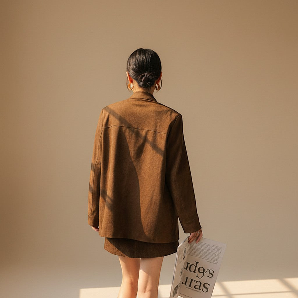 Yemelia brown suede relaxed fit button front blazer with notched lapel and flap pockets.
