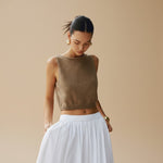 Yemelia sleeveless brown textured knit crop top with clean neckline and structured fit.