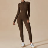 Yemelia brown long sleeve zip front sculpting one piece jumpsuit with a high neckline and full-length fit.