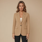 Yemelia camel brown single button tailored blazer with structured fit, classic lapels, and flap pockets.