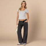 Yemelia mid rise wide leg denim jeans in charcoal grey, featuring a relaxed fit and five-pocket design.
