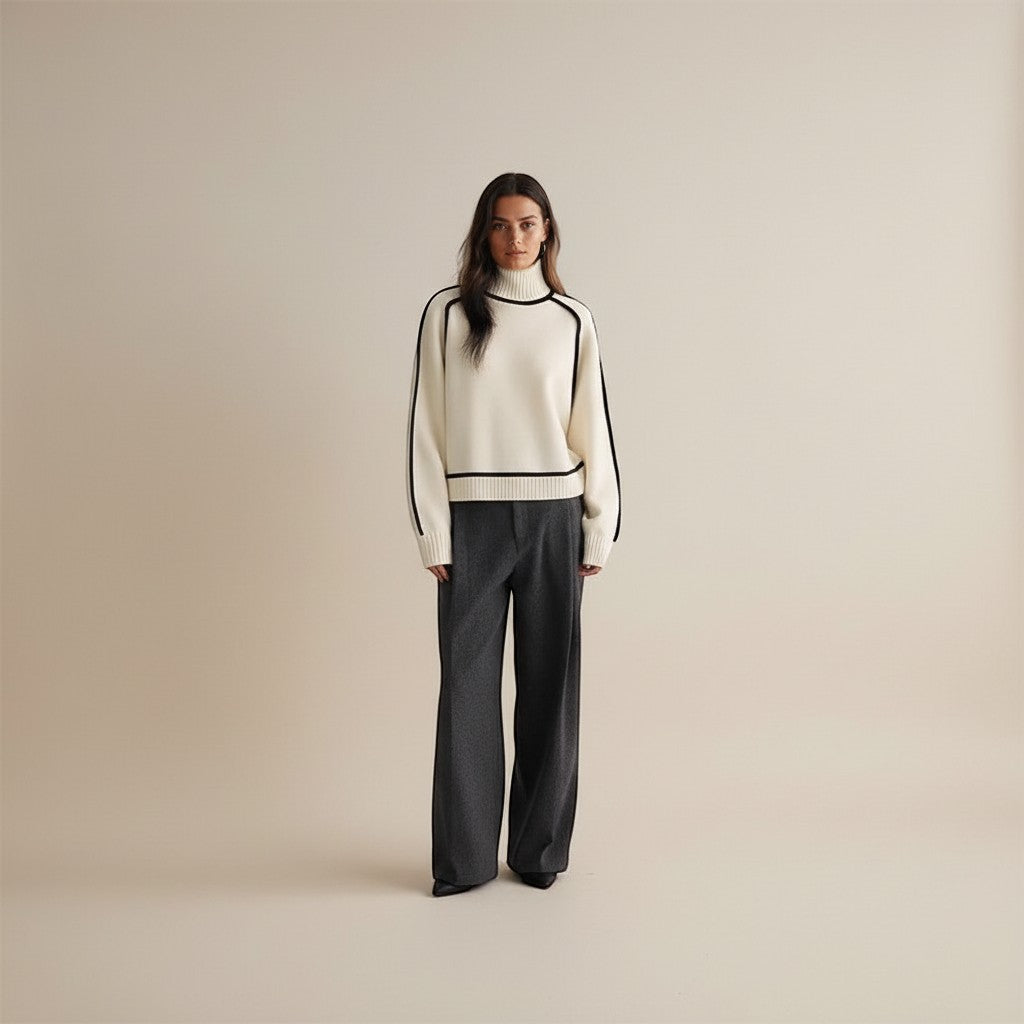 Yemelia cream knit turtleneck sweater with black contrast trim detailing on neckline, shoulders, sleeves, and hem. Relaxed fit.