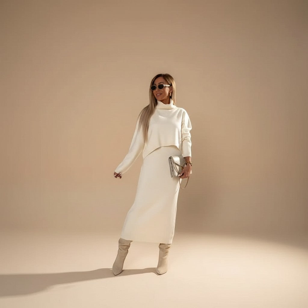 Yemelia cream knit turtleneck sweater and midi skirt set. Soft knit fabric, relaxed fit sweater, fitted skirt.