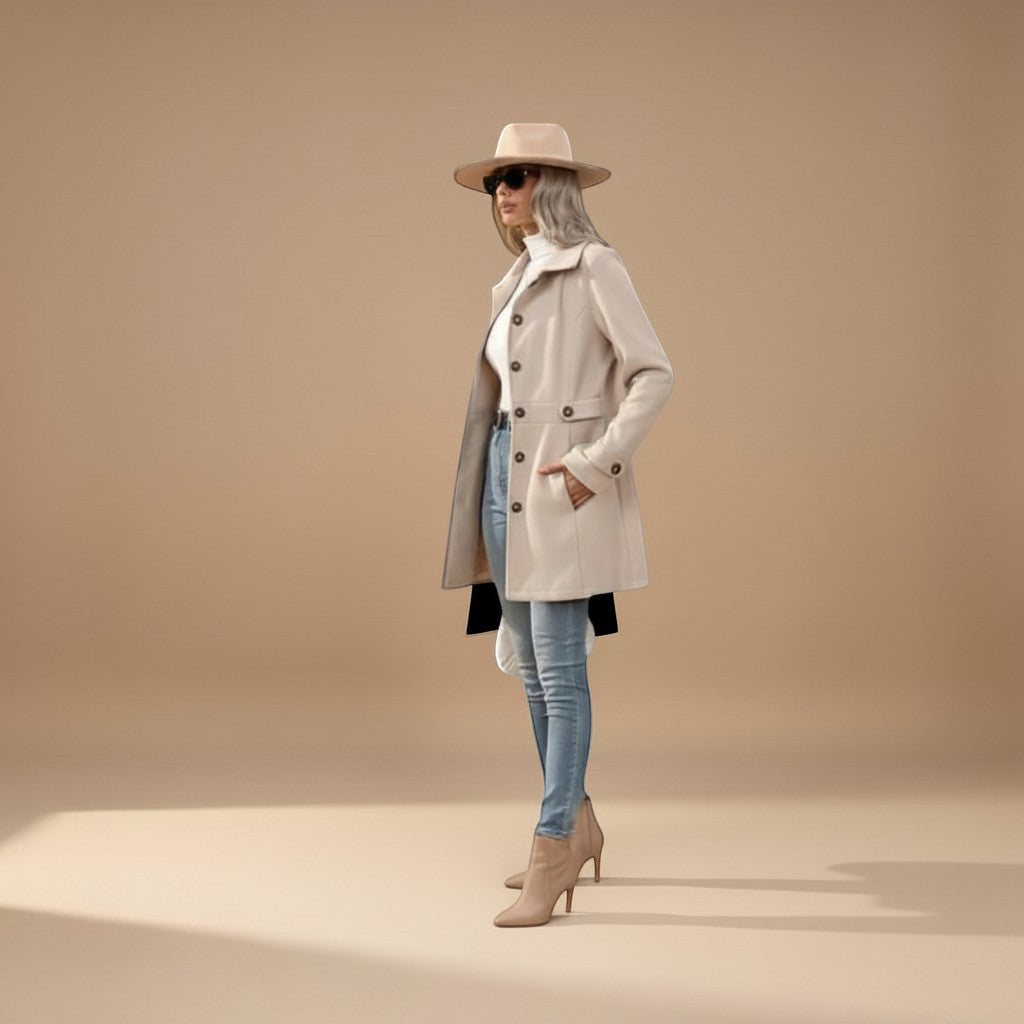 Yemelia cream tailored mid-length coat with button front, classic collar, and waist belt. Versatile outerwear.