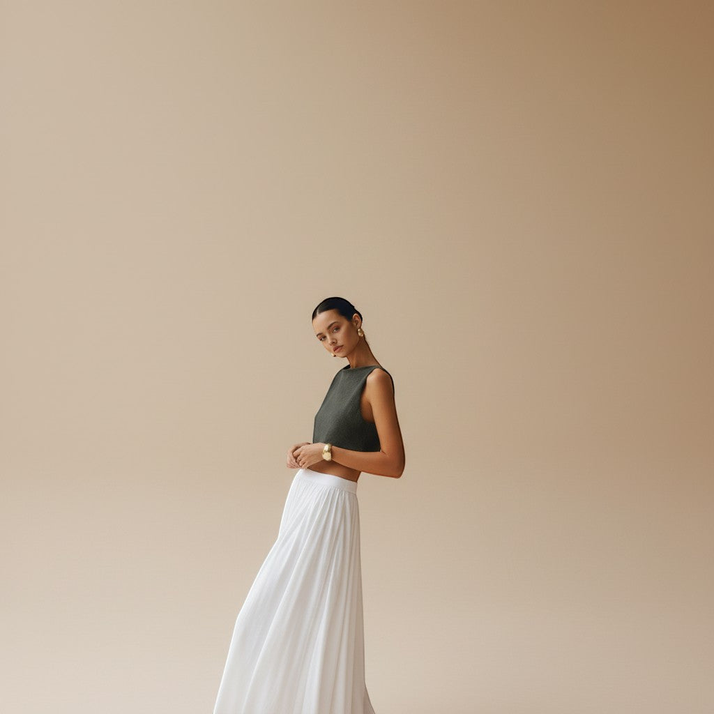 Yemelia dark grey sleeveless textured crop top with clean neckline and structured fit.