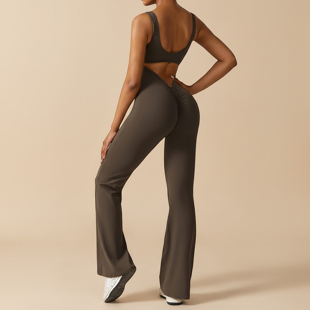 Yemelia sleeveless dark olive green sculpting flared leg jumpsuit with ruched detail on back.