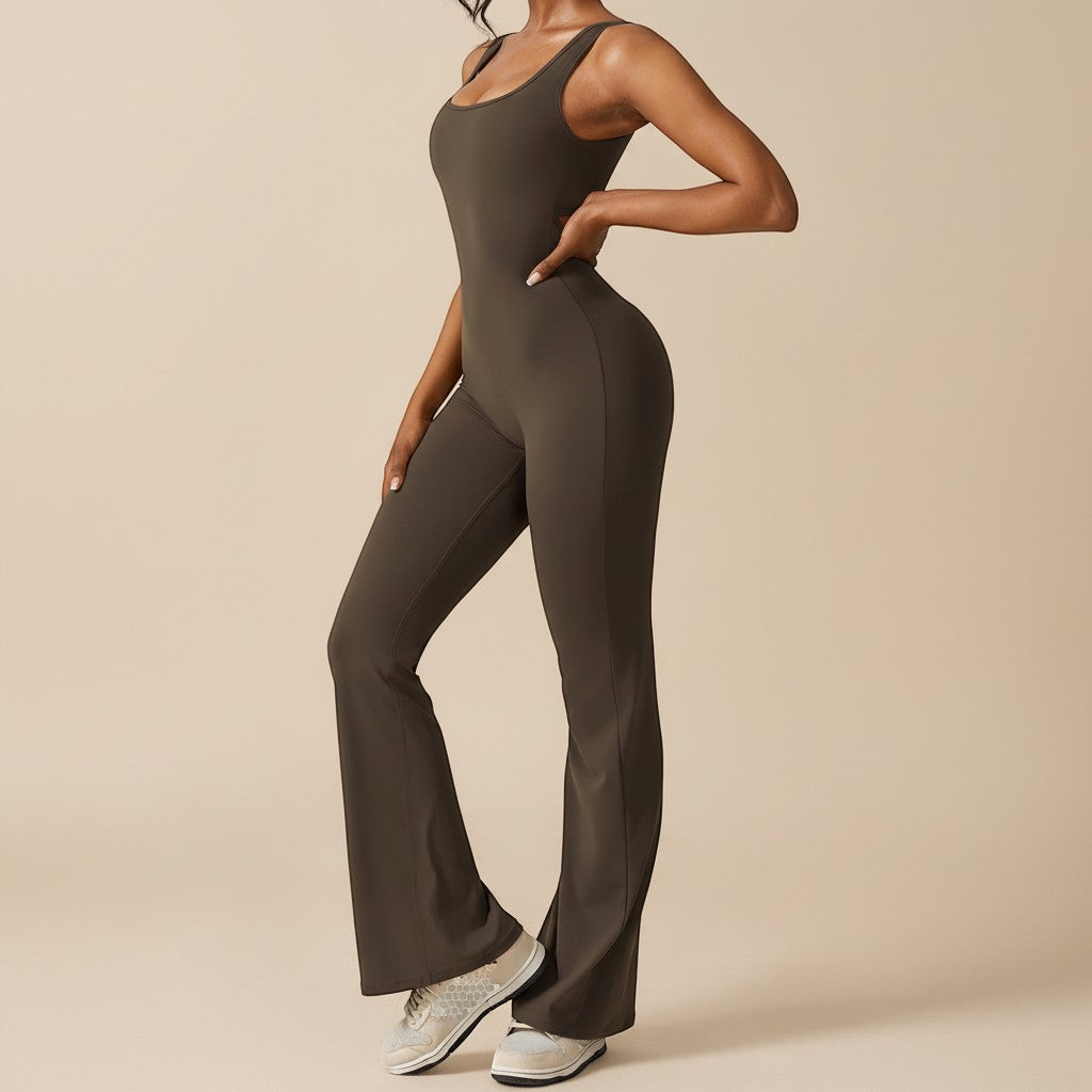 Yemelia sleeveless dark olive green sculpting flared leg jumpsuit made of smooth stretch fabric.