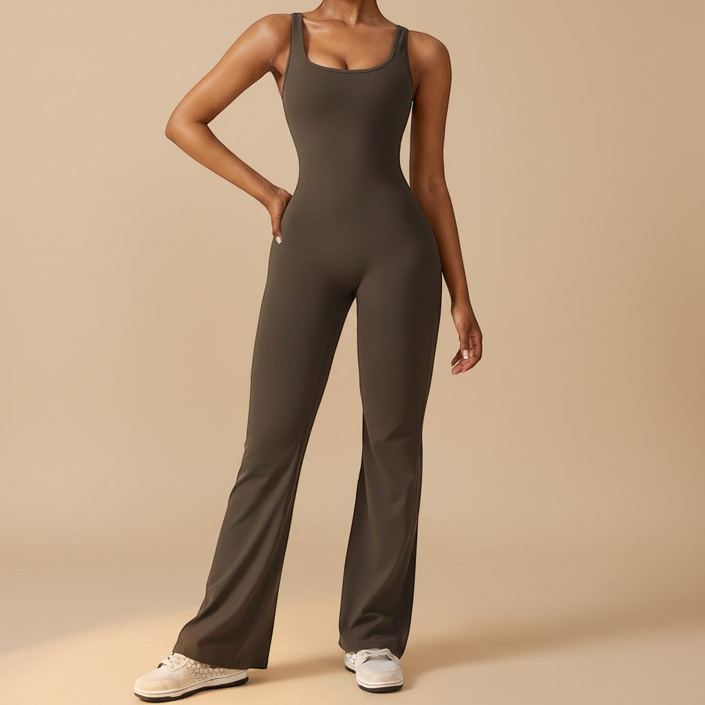 Yemelia sleeveless dark olive green sculpting flared leg jumpsuit made of smooth stretch fabric.
