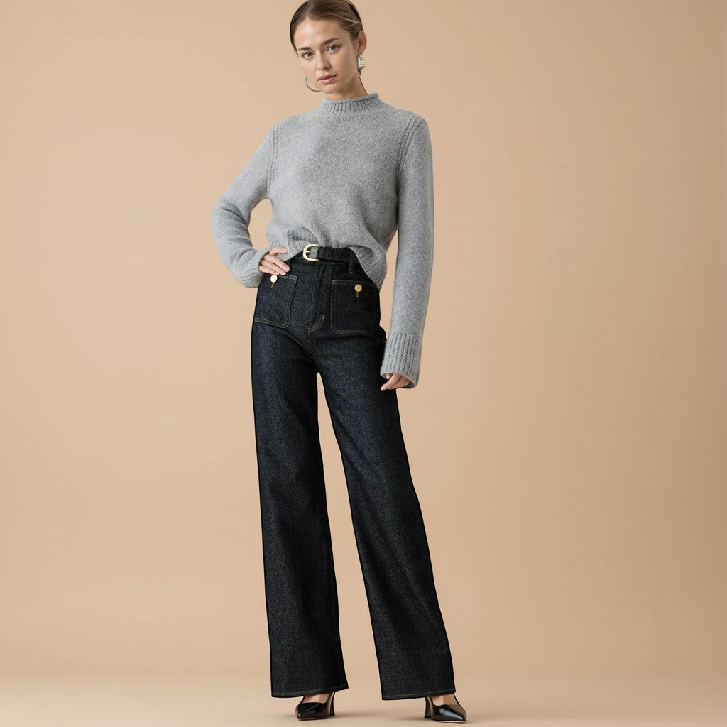Yemelia dark wash denim high waist wide leg pants with utility pockets and gold button details.