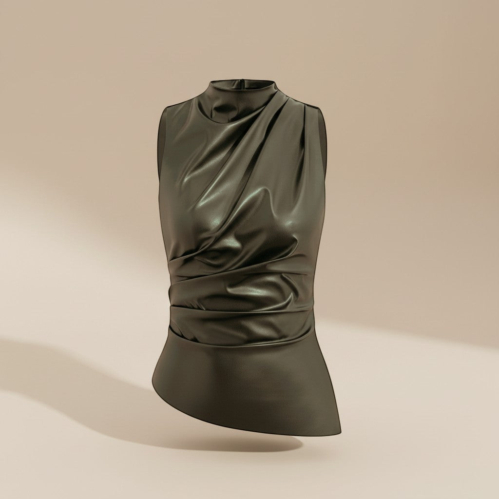 Yemelia sleeveless dark olive faux leather draped high neck top with a fitted silhouette.